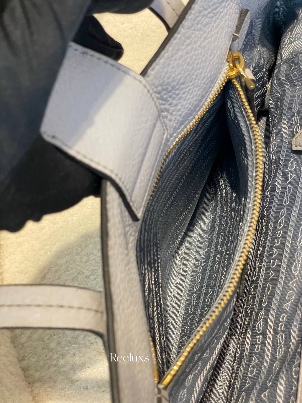 PRADA Phenix Open Tote in Grey Vitello Daino Leather Blue