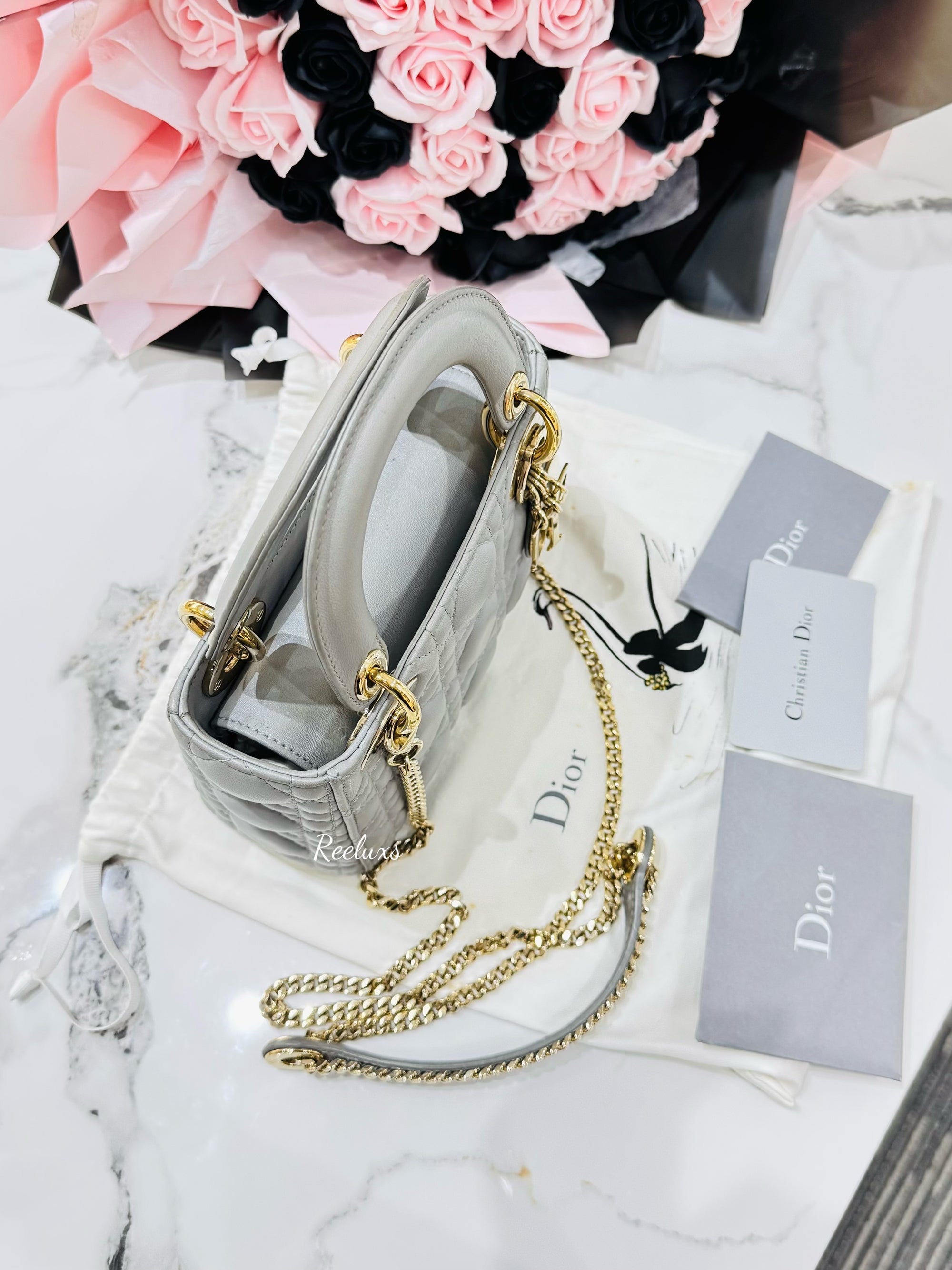 CHRISTIAN DIOR Mini Lady Dior Bag Opaline Gray Pearlescent Cannage Lambskin Shoulder Bag