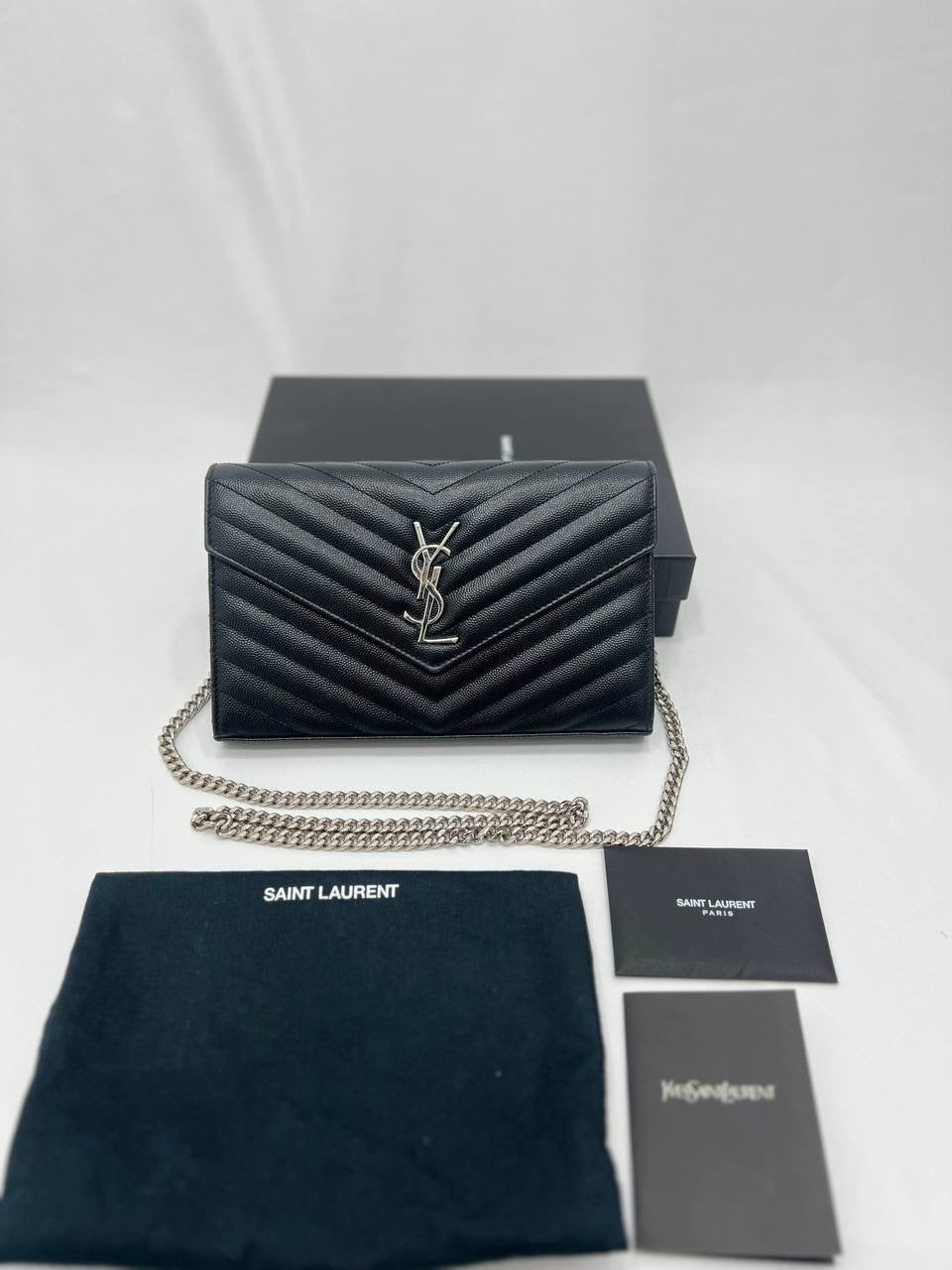 YVES SAINT LAURENT YSL Cassandre Matelasse Envelope SHW Wallet On Chain WOC In Black