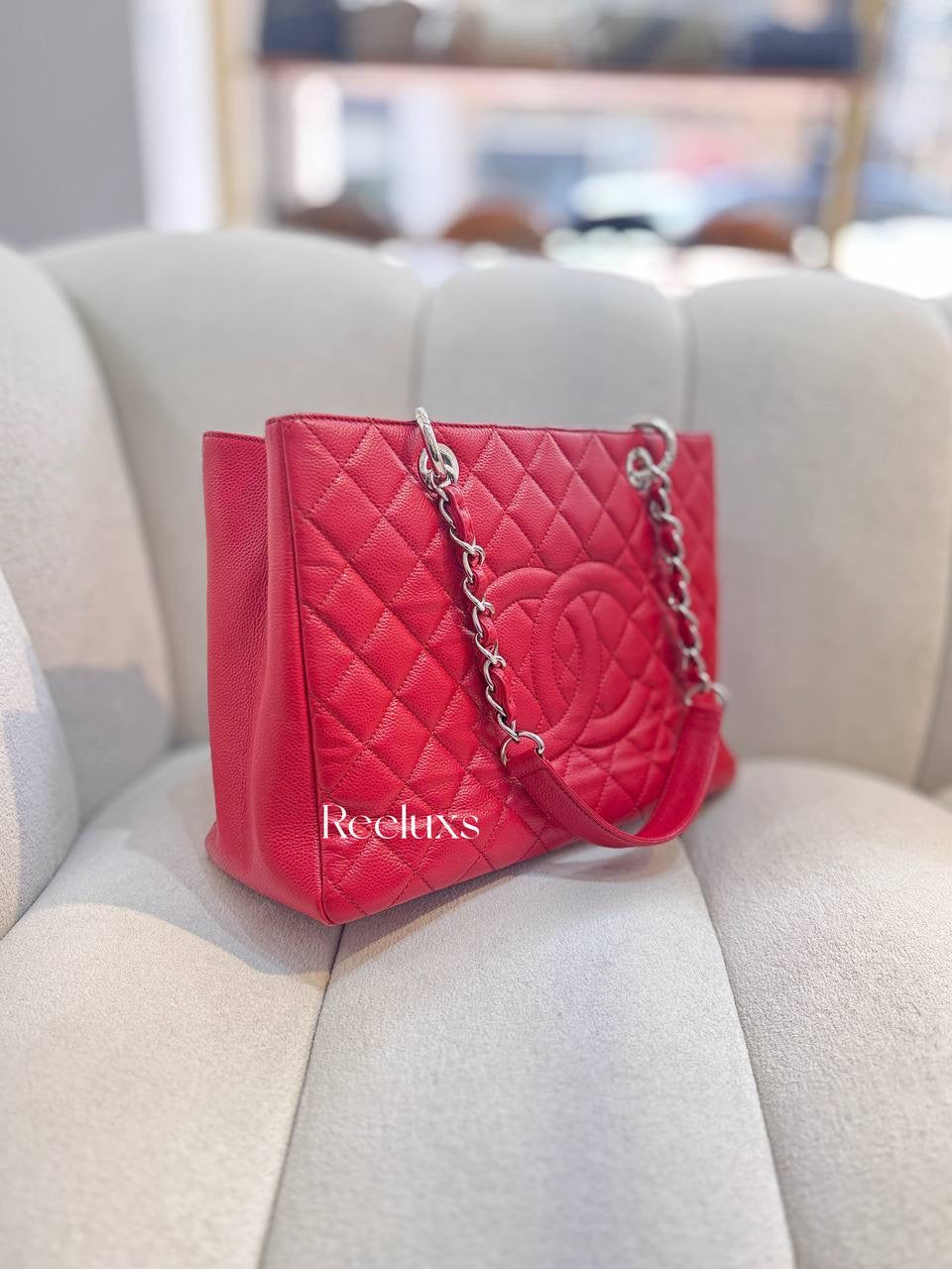 CHANEL Caviar Quilted Grand Shopping Tote GST Red