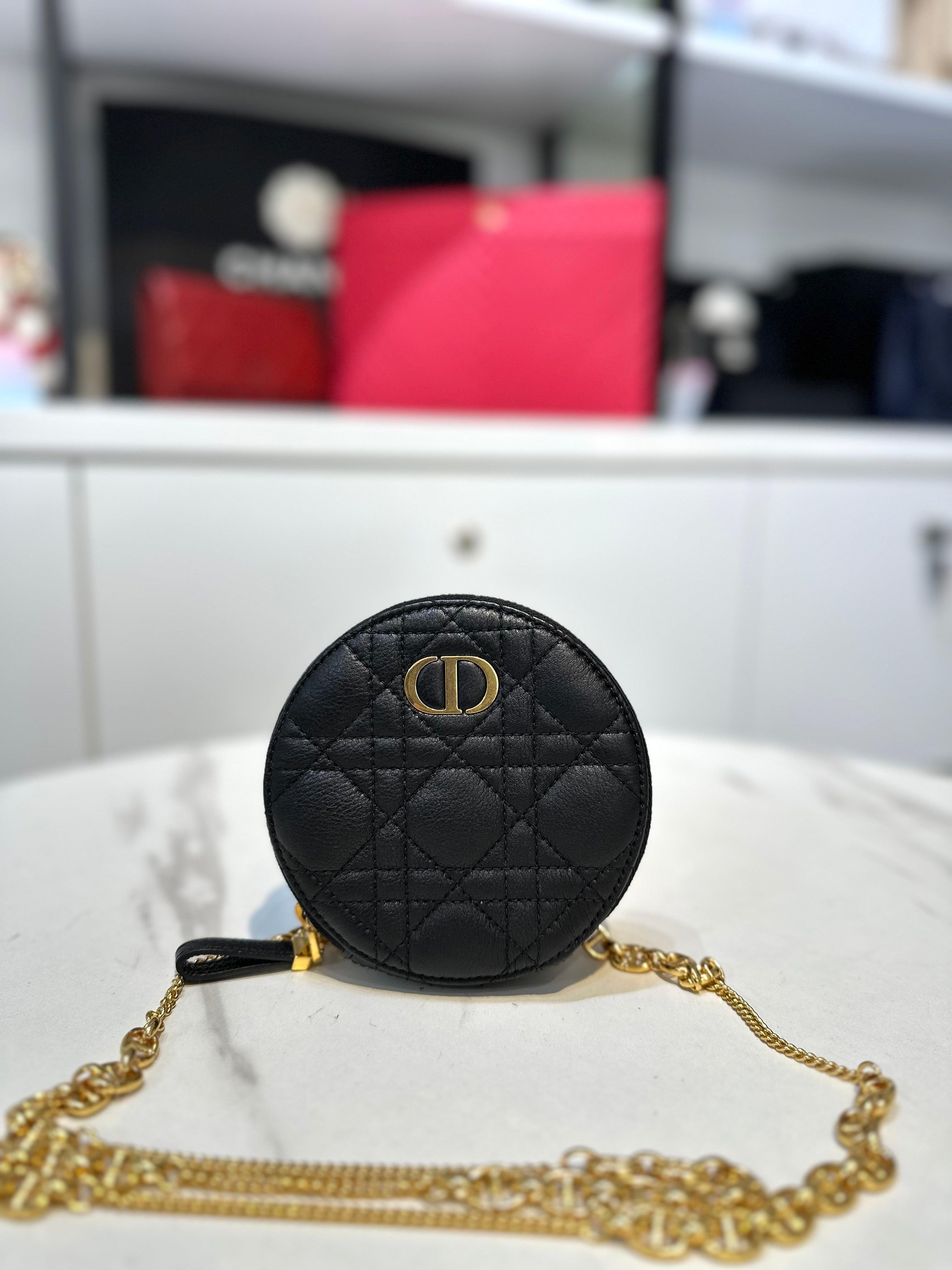 CHRISTIAN DIOR Black Supple Calfskin Cannage Round Caro Coin Purse - Reeluxs 