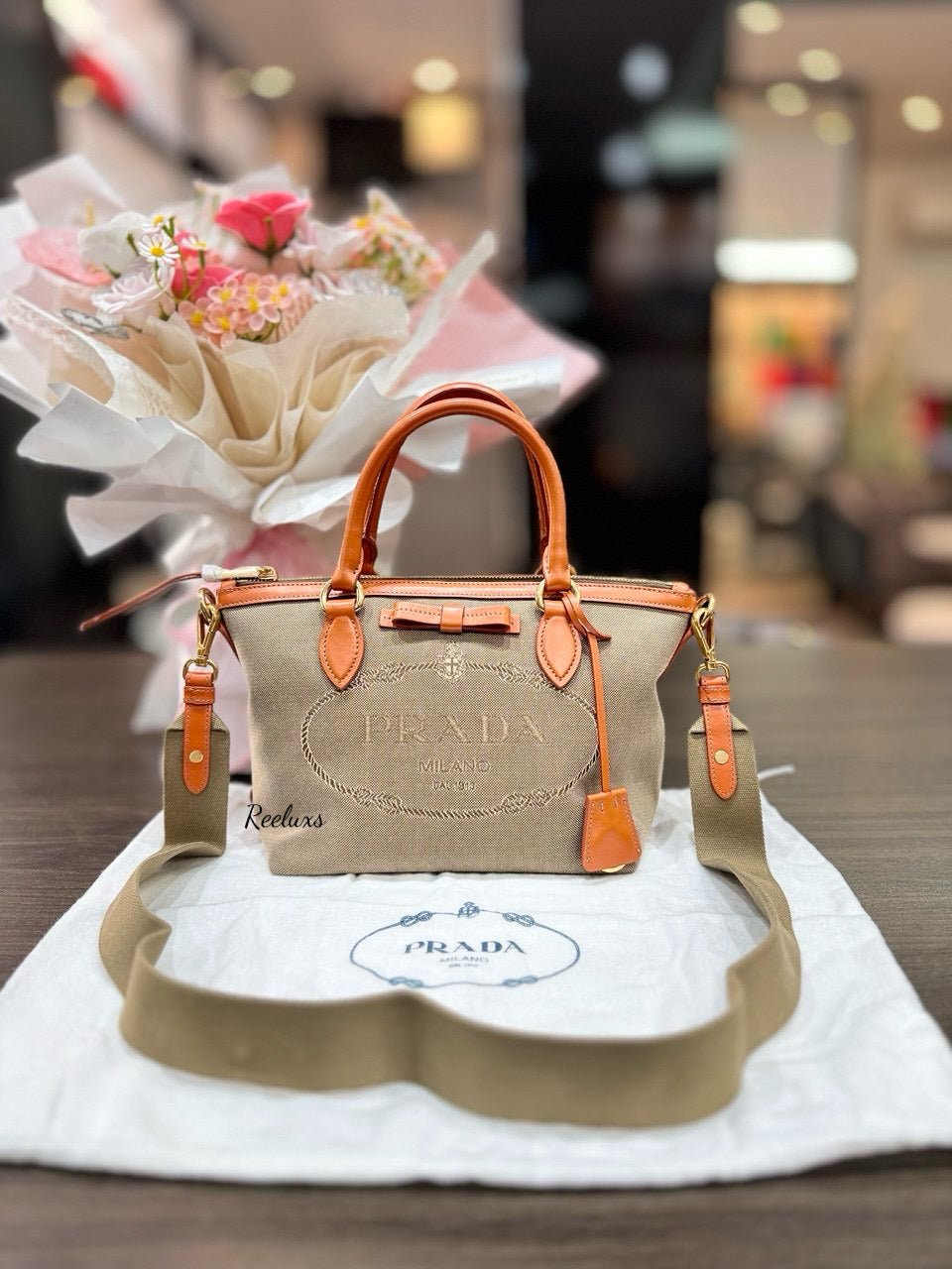 PRADA Canvas Logo Bow Satchel Grey Hand Bag / Shoulder Bag