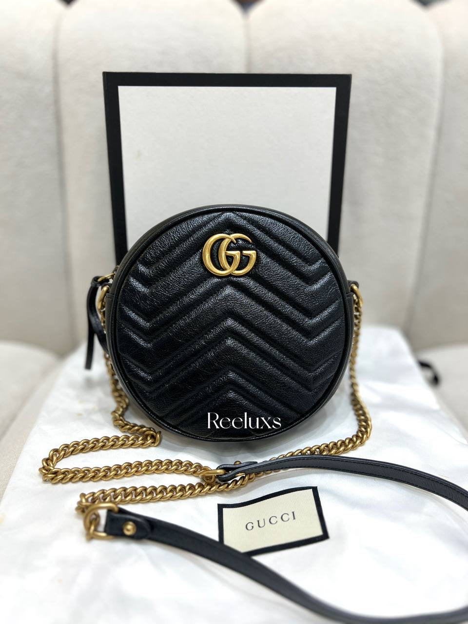 FULLSET GUCCI GG Marmont Round Crossbody Bag Mini Black