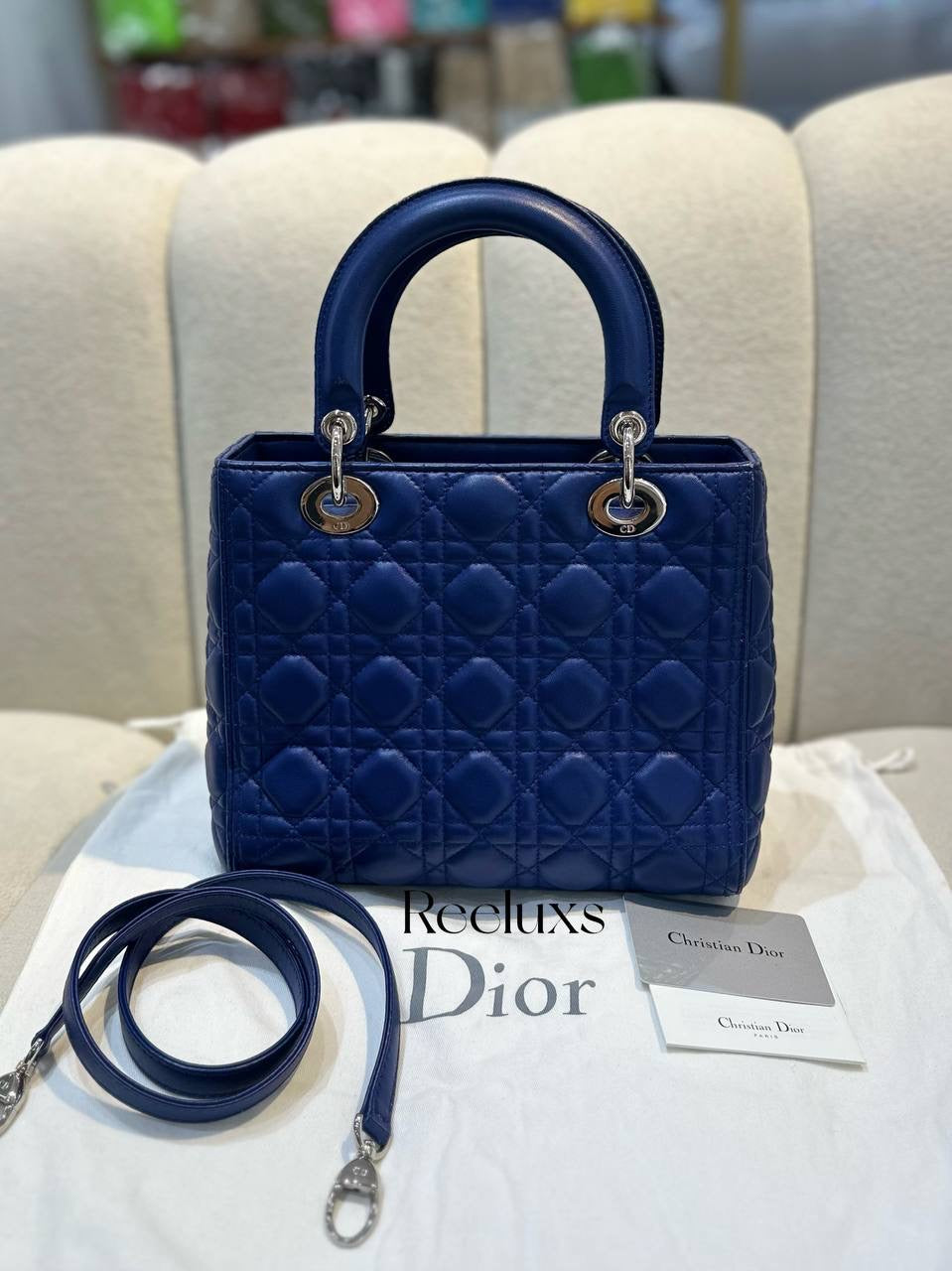 CHRISTIAN DIOR Blue Quilted Lambskin Medium Lady Dior Handbag