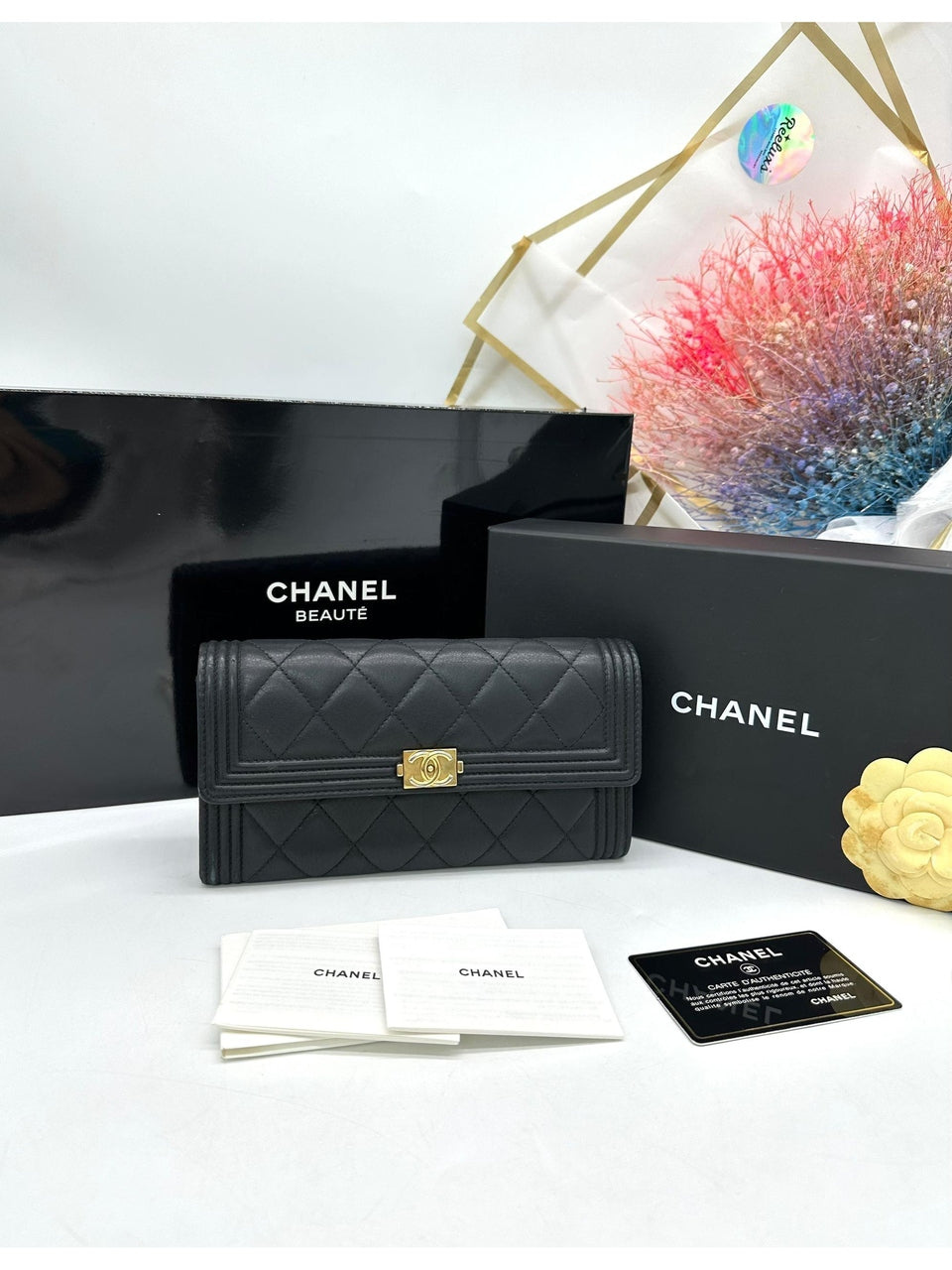 Full Set CHANEL Long Wallet Boy Lambskin Black For Women - Reeluxs 