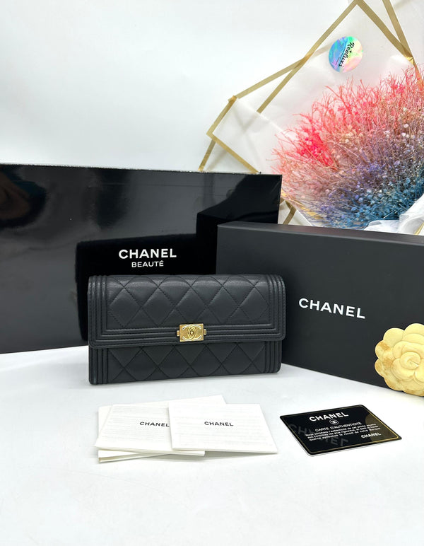 Full Set CHANEL Long Wallet Boy Lambskin Black For Women - Reeluxs 