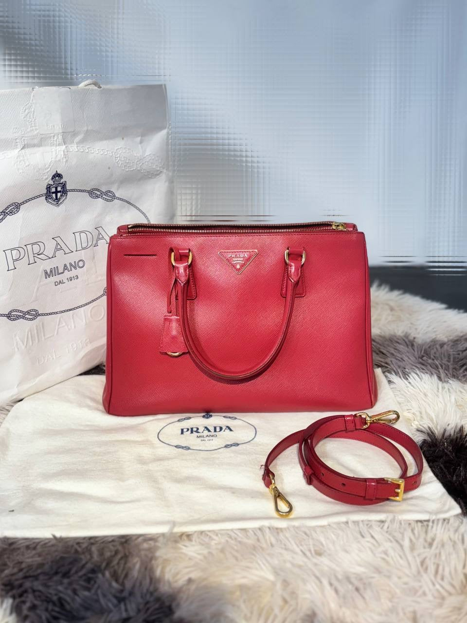 PRADA Saffiano Leather Lux Double Zip Medium Tote Handbag
