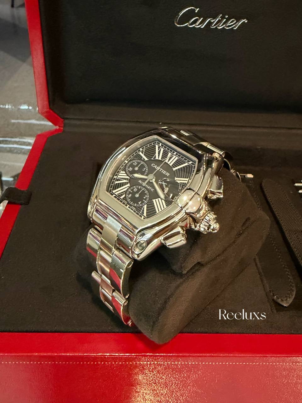 Chronograph Cartier 43mm Roadster XL Black Dial Steel Bracelet