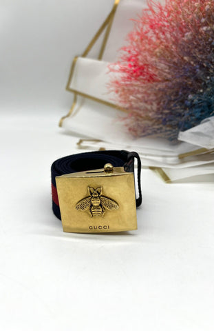 GUCCI Blue/Red Canvas Queen Margaret Bee Web Belt - Reeluxs 