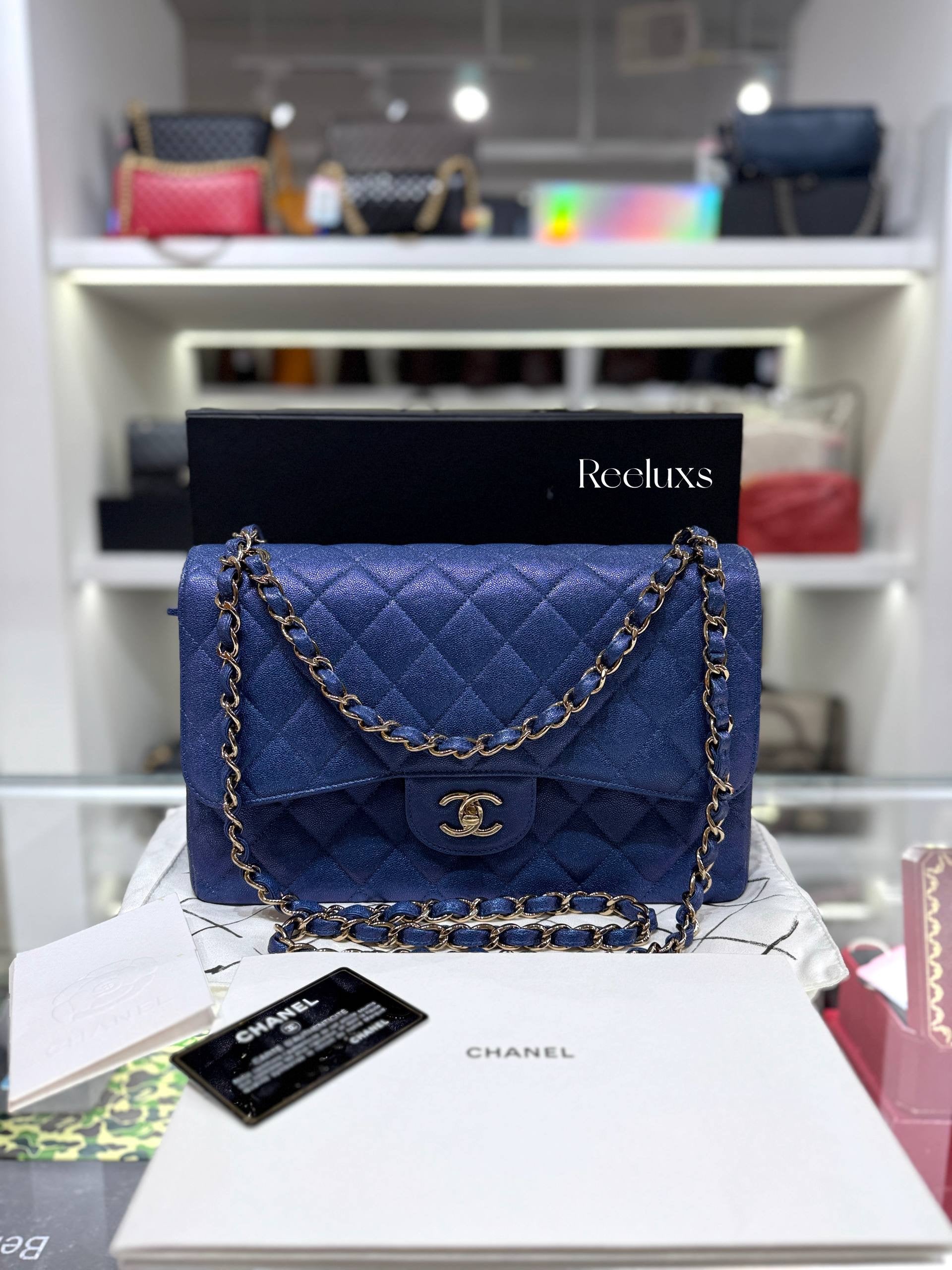 CHANEL Iridescent Caviar Quilted Leather Medium Classic Double Flap Bag Full Set