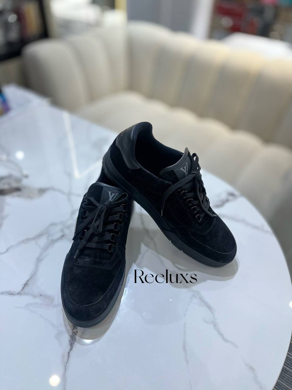 LOUIS VUITTON Black Suede Leather LV Trainer Sneakers Men’s Shoes Size 11 1/2