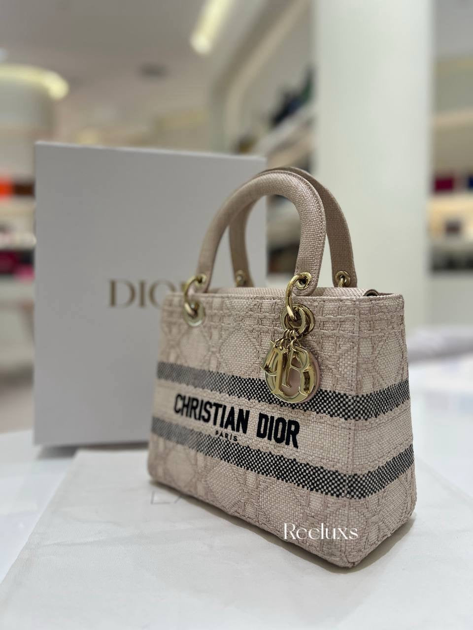 Lady D- Lite Bag Cannage Embroidered Raffia Medium