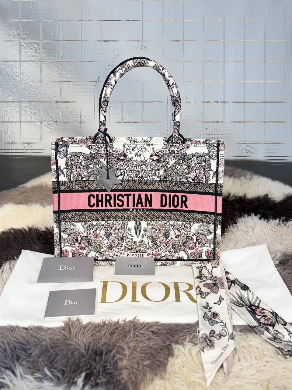 CHRISTIAN DIOR Canvas Embroidered Medium Butterfly Around The World Book Tote White Pastel Pink