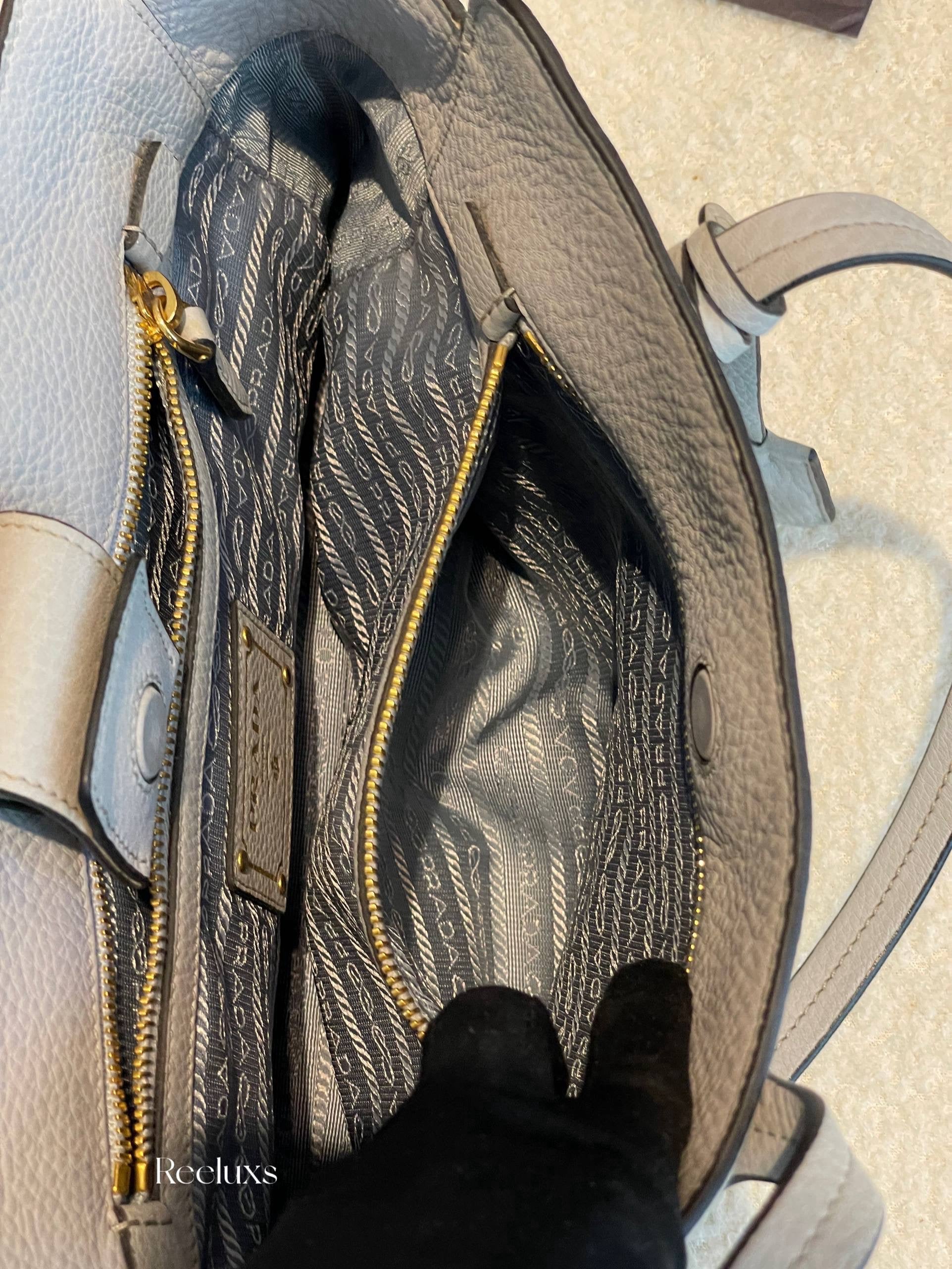 PRADA Phenix Open Tote in Grey Vitello Daino Leather Blue