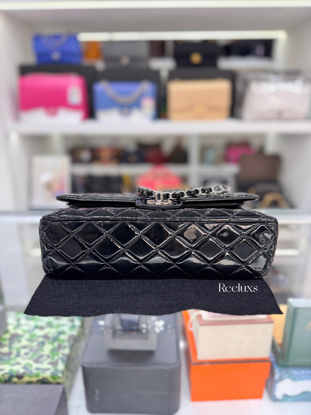 CHANEL Black Quilted Patent Leather Classic Medium Double Flap Bag
