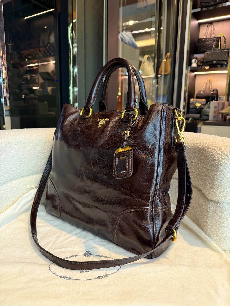 Prada Vitello Shine Tote Bag Brown Leather