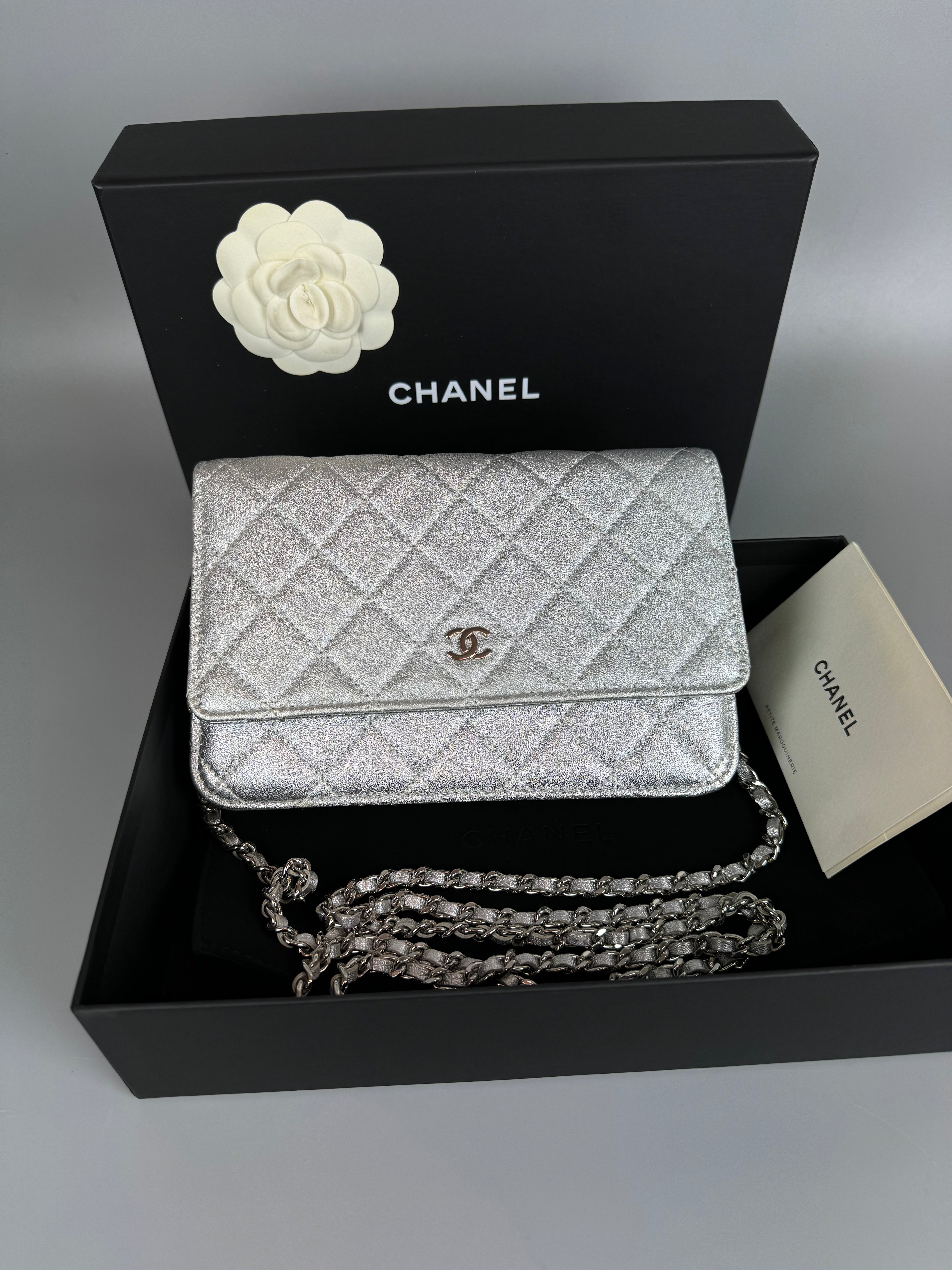 CHANEL Silver Quilted Caviar Wallet On Chain