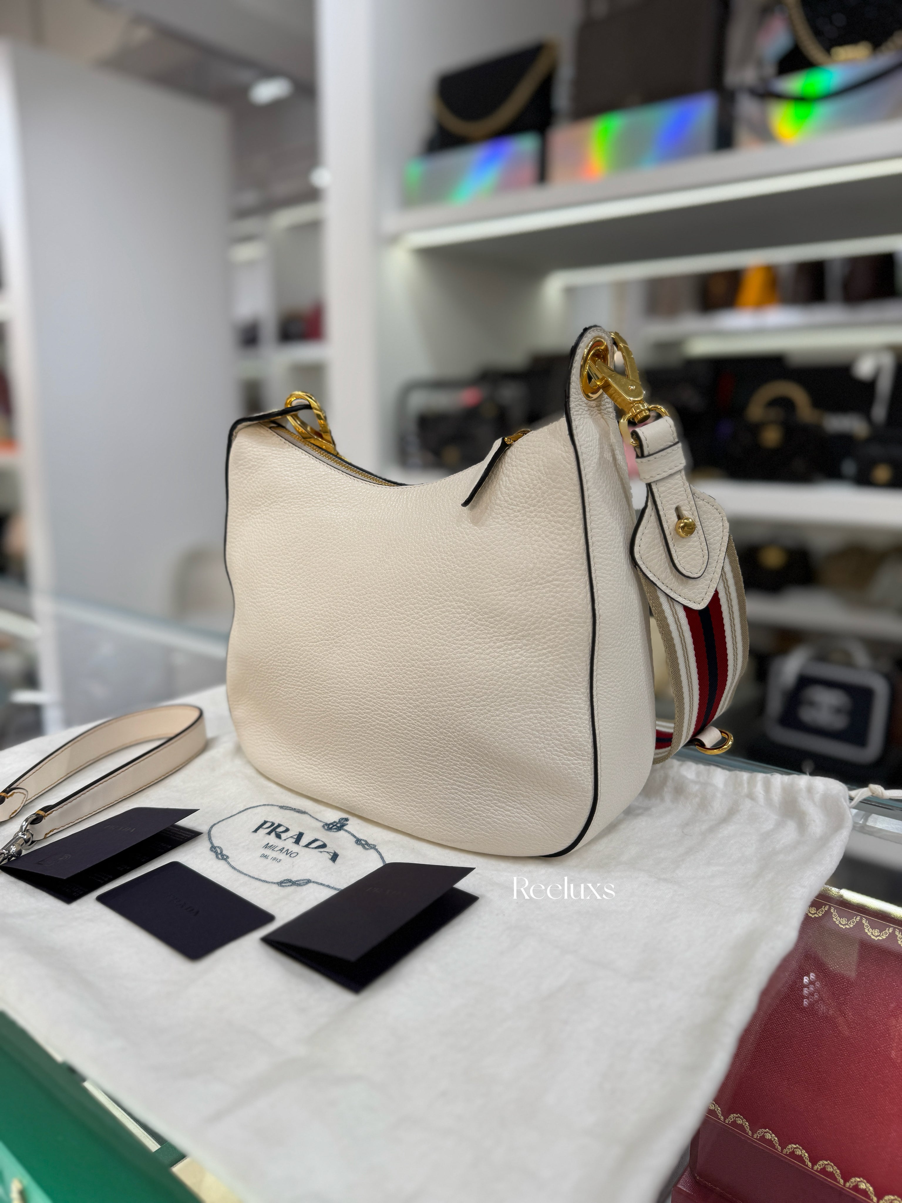 PRADA Vitello Phoenix Leather Hobo Bag