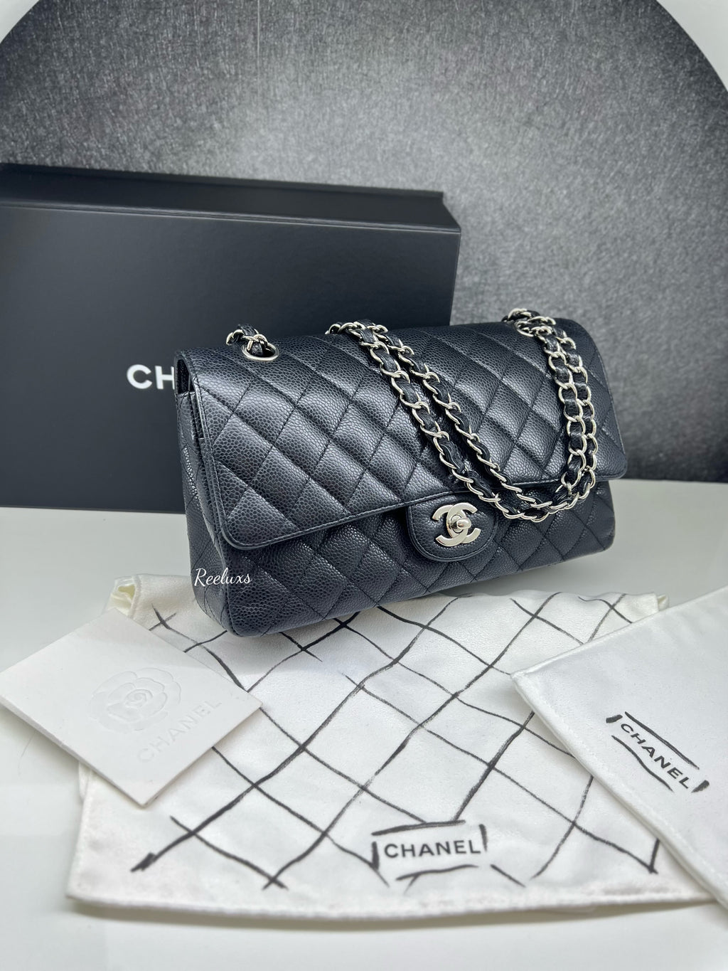 CHANEL Black Caviar Skin Classic Double Flap SHW Shoulder Bag