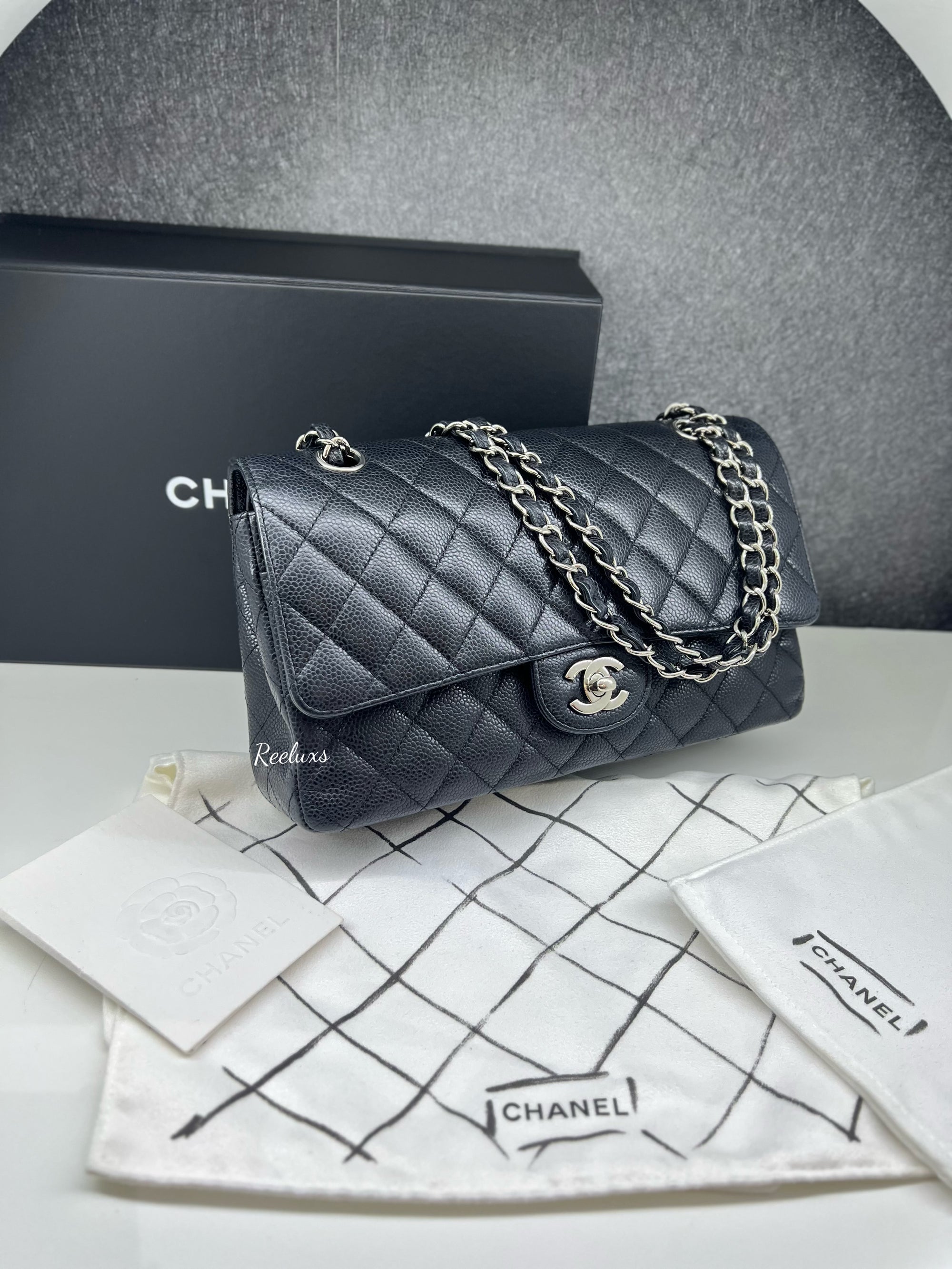 CHANEL Black Caviar Skin Classic Double Flap SHW Shoulder Bag