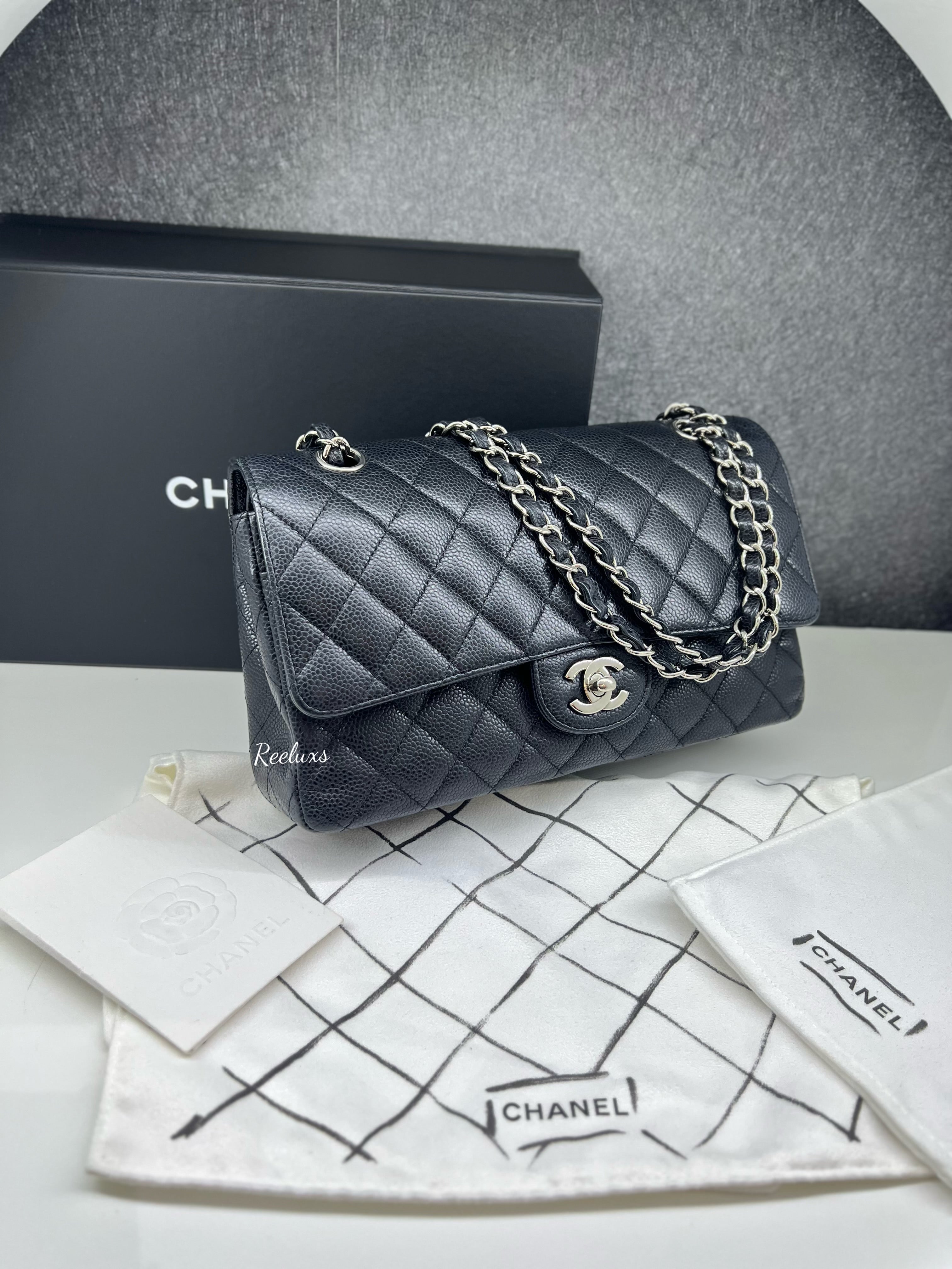 CHANEL Black Caviar Skin Classic Double Flap SHW Shoulder Bag