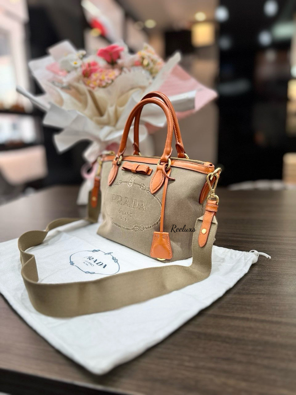 PRADA Canvas Logo Bow Satchel Grey Hand Bag / Shoulder Bag