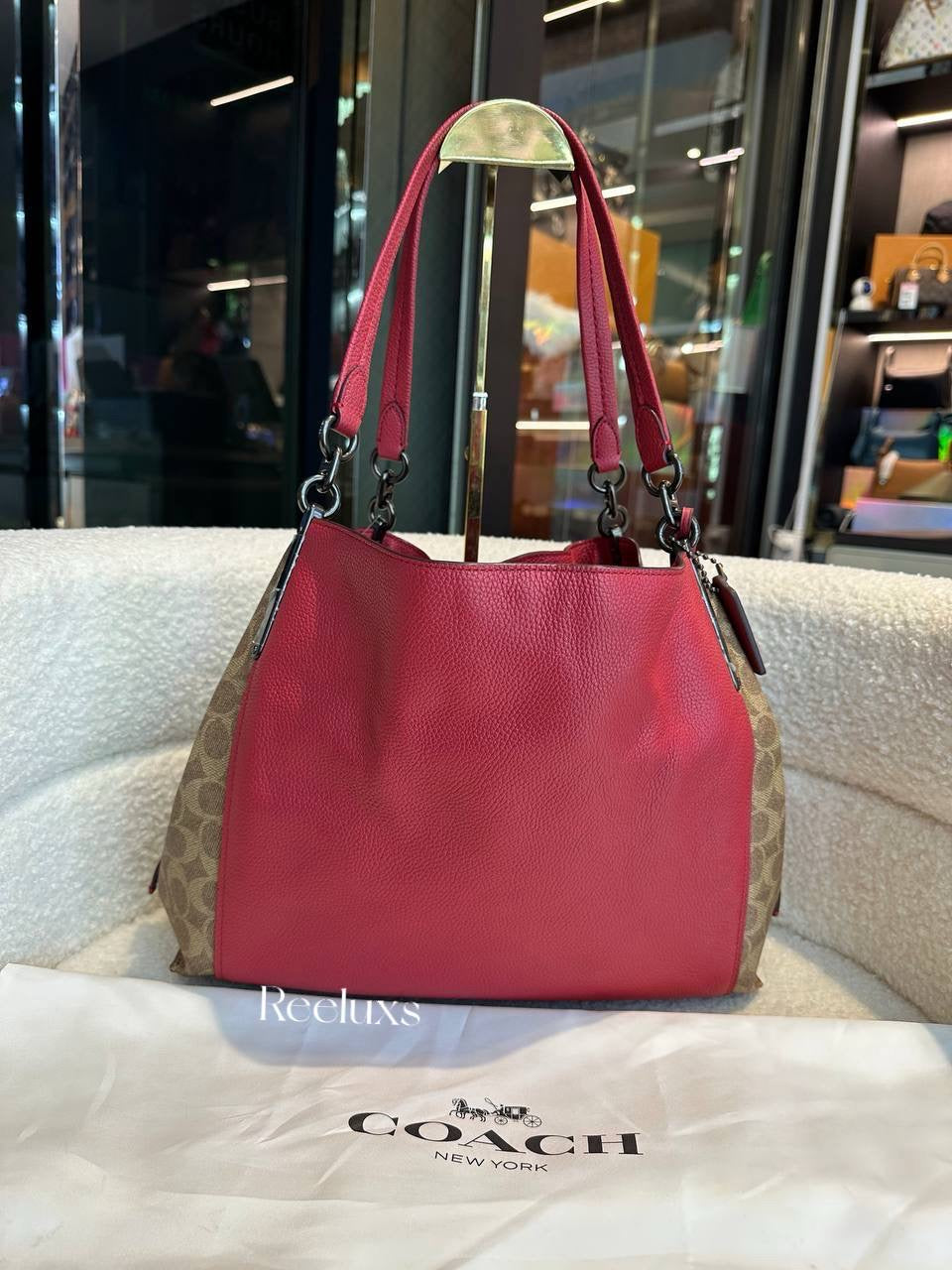 COACH Dalton 31 With Signature Canvas Blocking Tan Red Apple Shoulder Bag