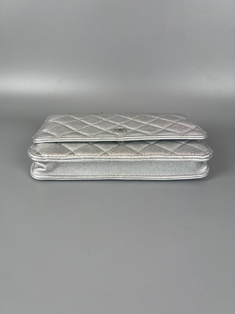 CHANEL Silver Quilted Caviar Wallet On Chain