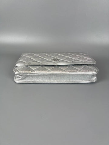 CHANEL Silver Quilted Caviar Wallet On Chain