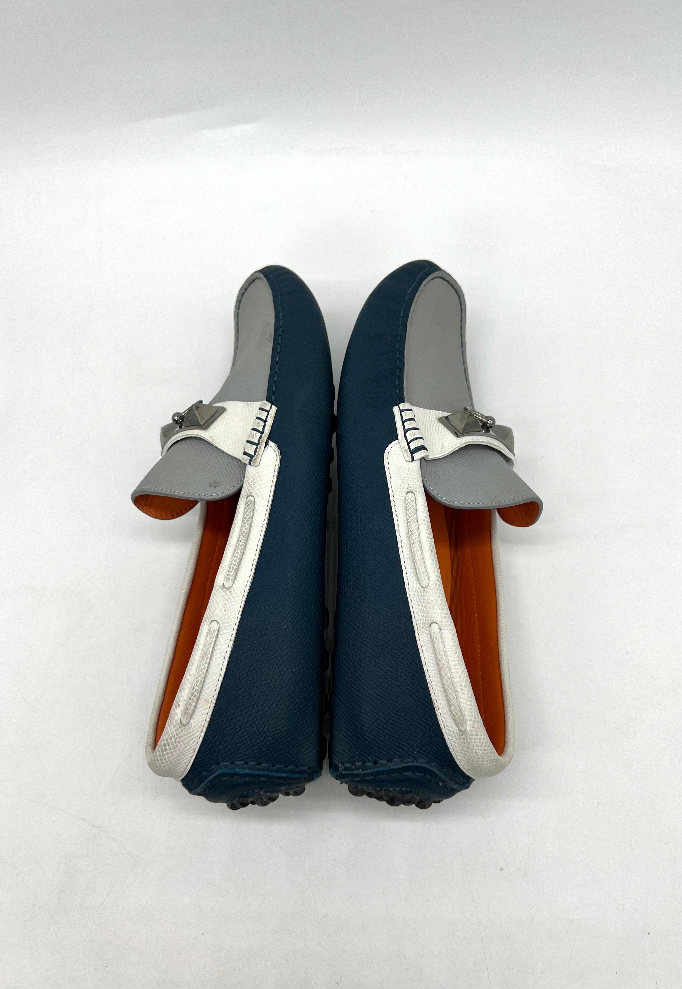 HERMES Epsom Mens Irving Driving Moccasin Loafers Bleu Glacier Blanc Colvert Size 40 - Reeluxs 