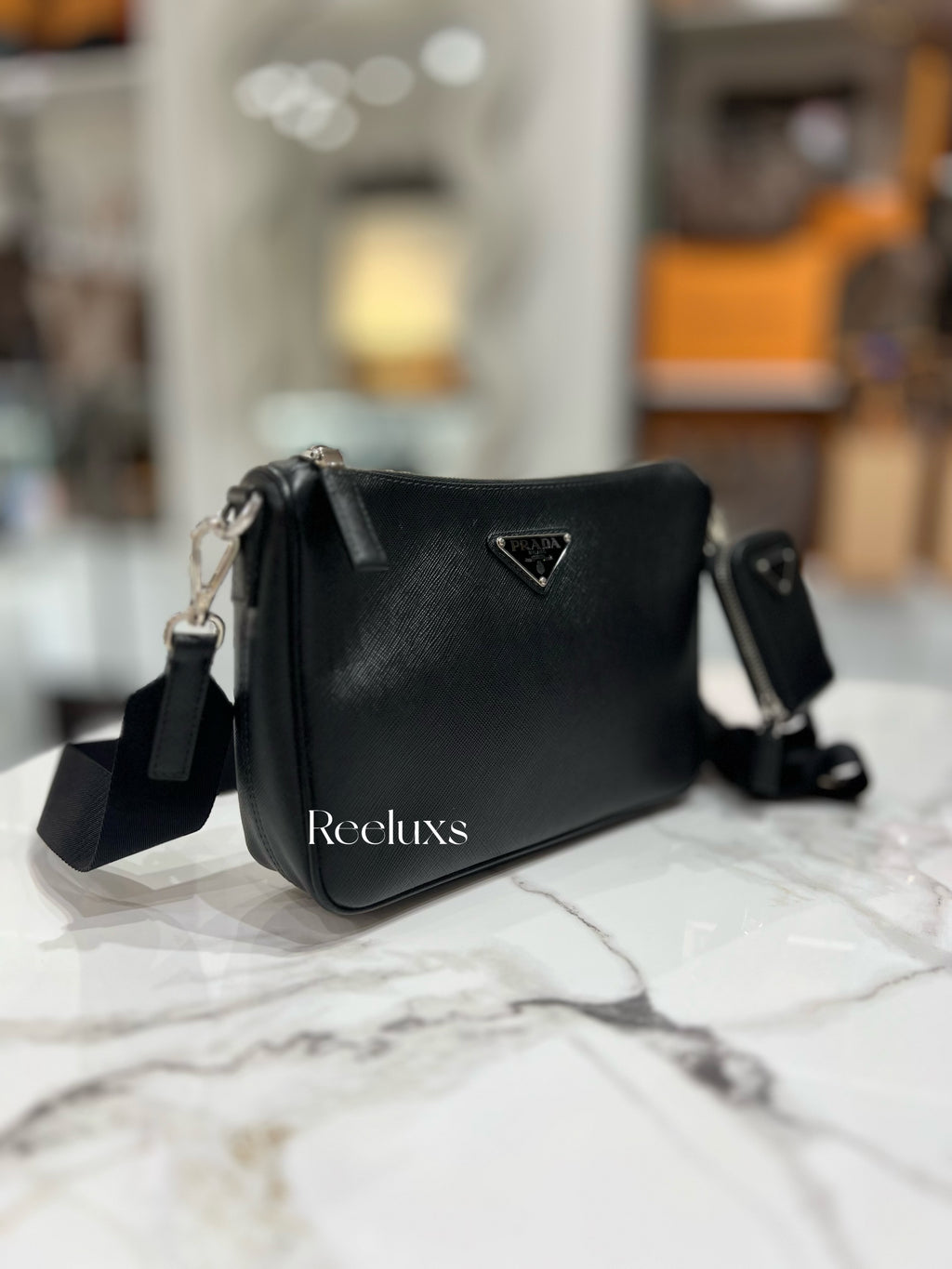 Full Set Black PRADA Saffiano Leather Shoulder Bag