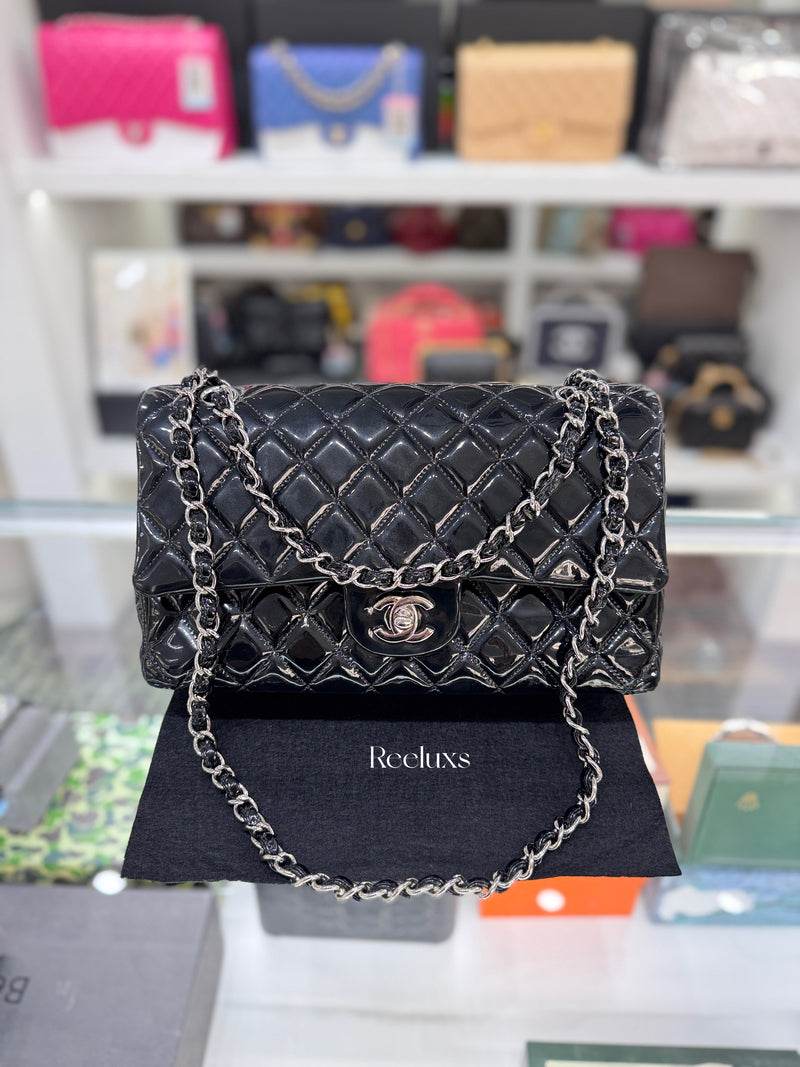 CHANEL Black Quilted Patent Leather Classic Medium Double Flap Bag