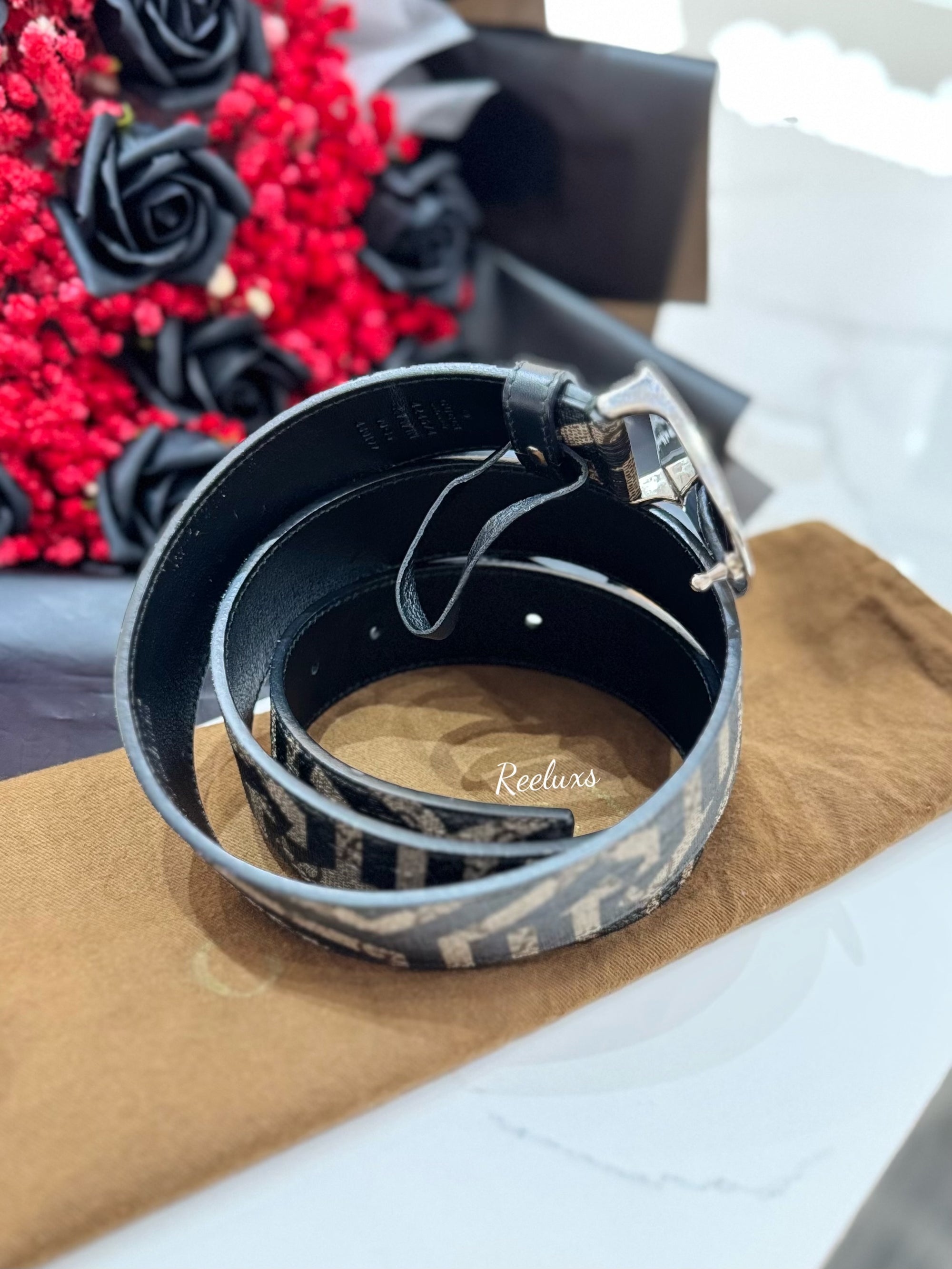 GUCCI Plate Buckle Belt Caleido Print GG Coated Canvas Wide Brown
