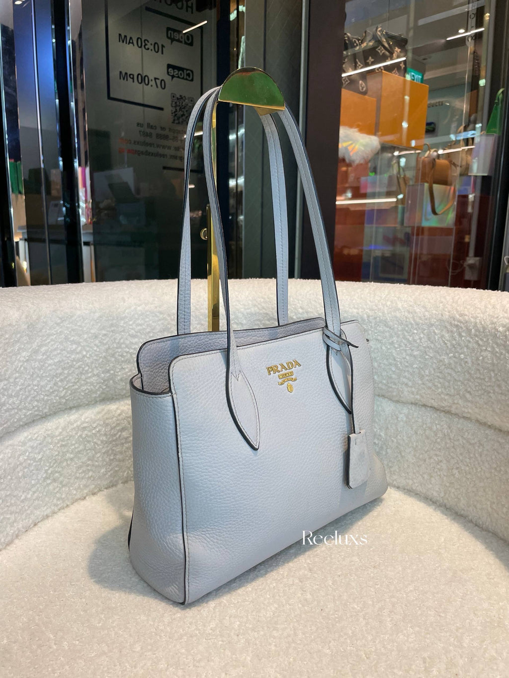PRADA Phenix Open Tote in Grey Vitello Daino Leather Blue