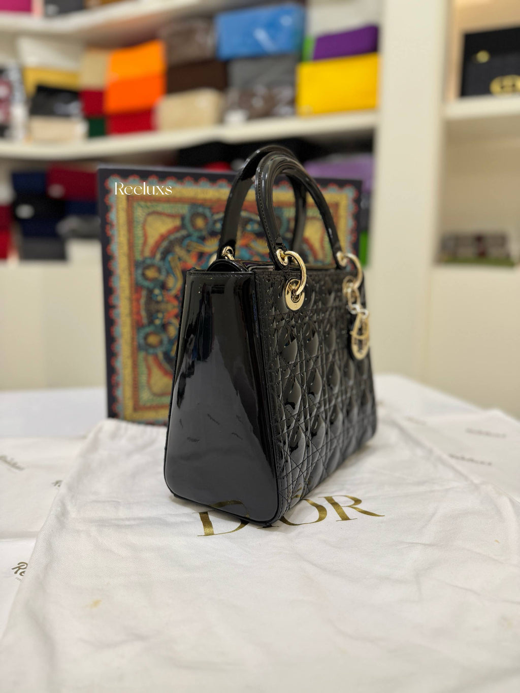 LADY DIOR Medium Bag In Black Patent Cannage Calfskin