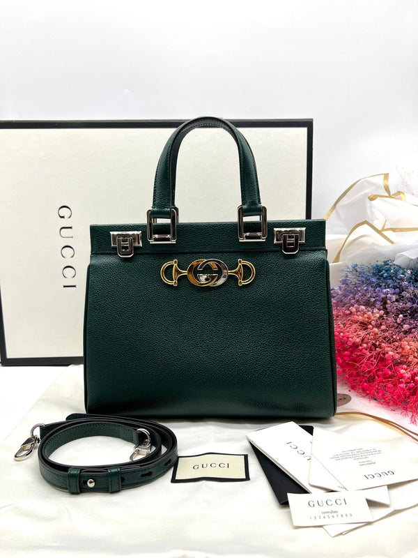 GUCCI ZUMI HANDBAG DARK GREEN GRAINED LEATHER - Reeluxs 