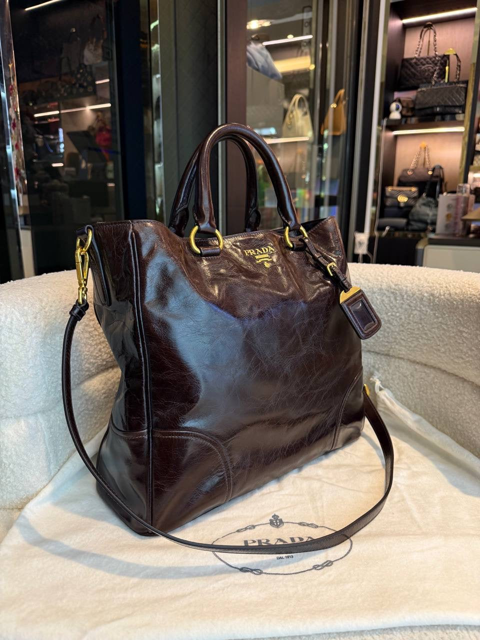 Prada Vitello Shine Tote Bag Brown Leather