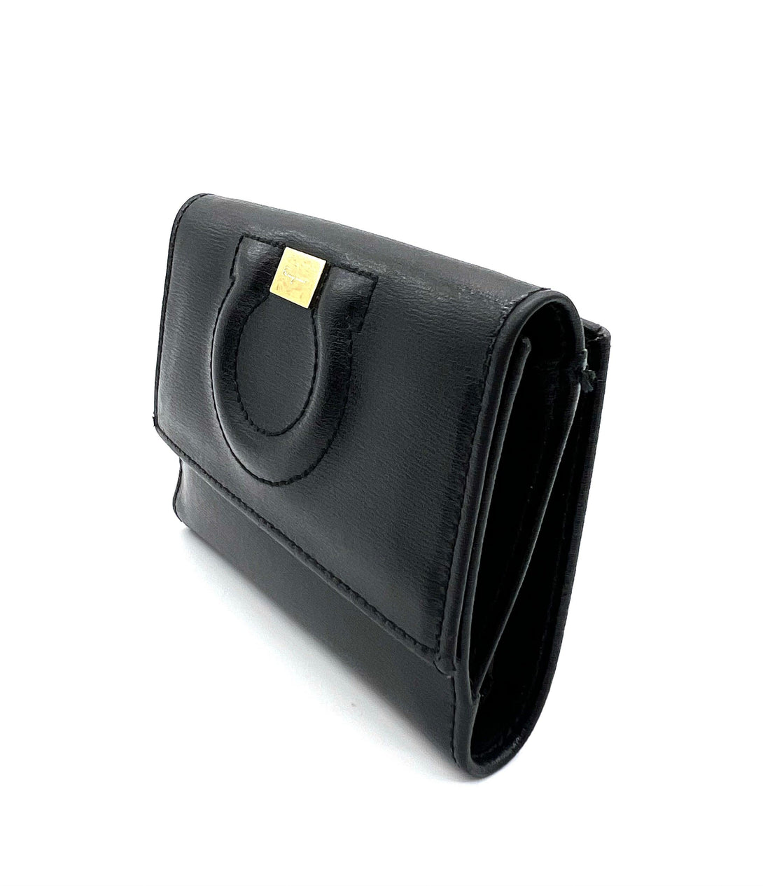 Salvatore Ferragamo Black Gancio Embossed Leather Flap Compact Wallet - Reeluxs 