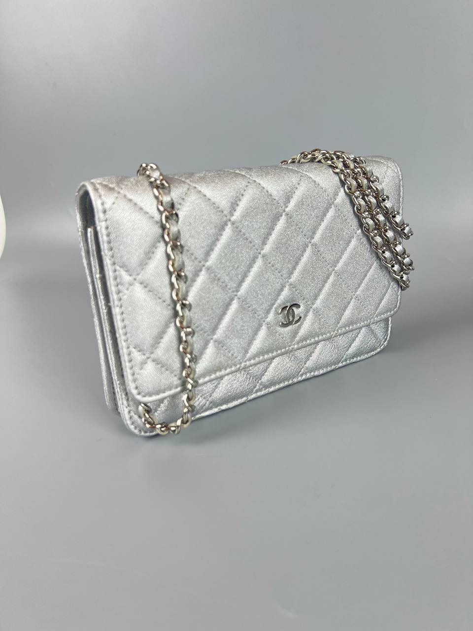 CHANEL Silver Quilted Caviar Wallet On Chain