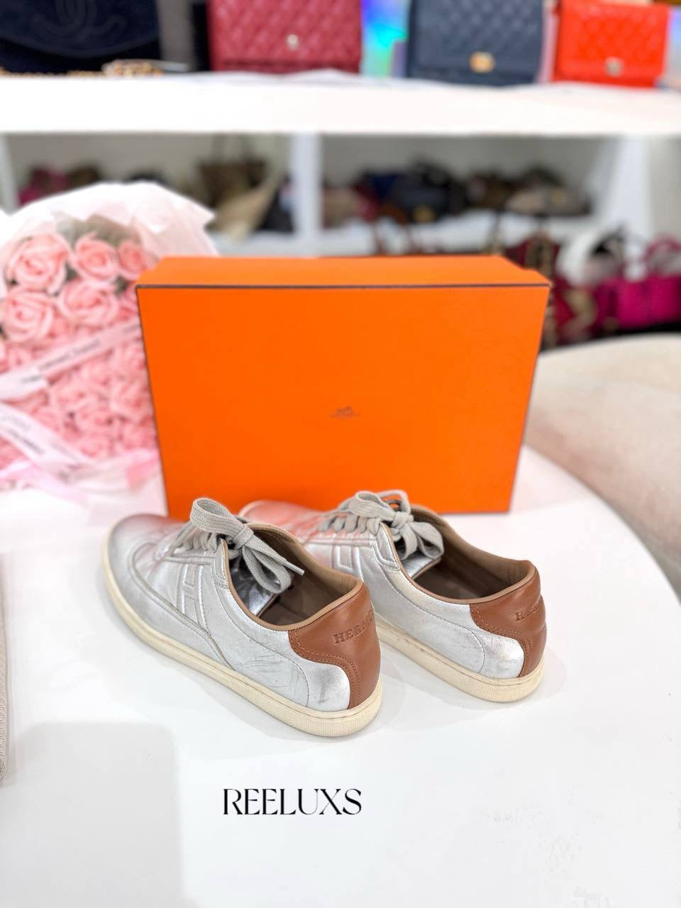 HERMES Quicker Metallic Silver Leather Sneakers