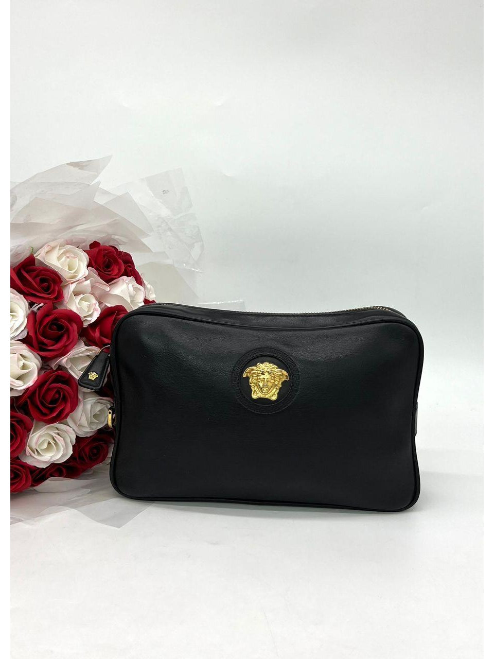 VERSACE Palazzo Medusa black lambskin leather zip wristlet clutch bag - Reeluxs 
