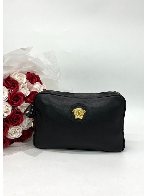 VERSACE Palazzo Medusa black lambskin leather zip wristlet clutch bag - Reeluxs 