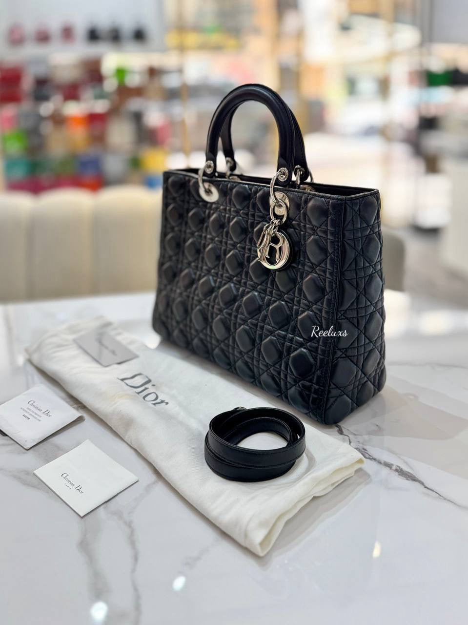 CHRISTIAN DIOR  Black Cannage Lamskin Large Lady Dior Handbag / Shoulder Bag