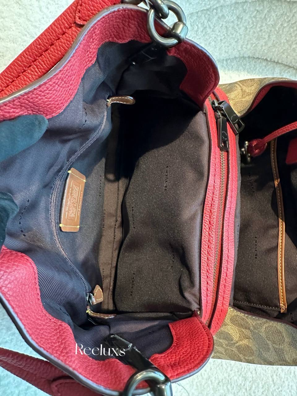 COACH Dalton 31 With Signature Canvas Blocking Tan Red Apple Shoulder Bag
