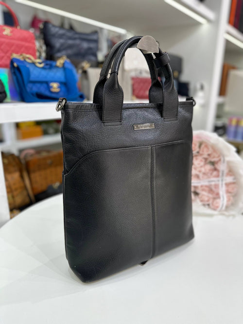 BURBERRY Black Leather Top Handle Shoulder Tote Bag