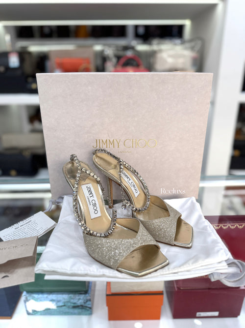 JIMMY CHOO Saeda 100 Sandals in a Platinum Ice Glitter