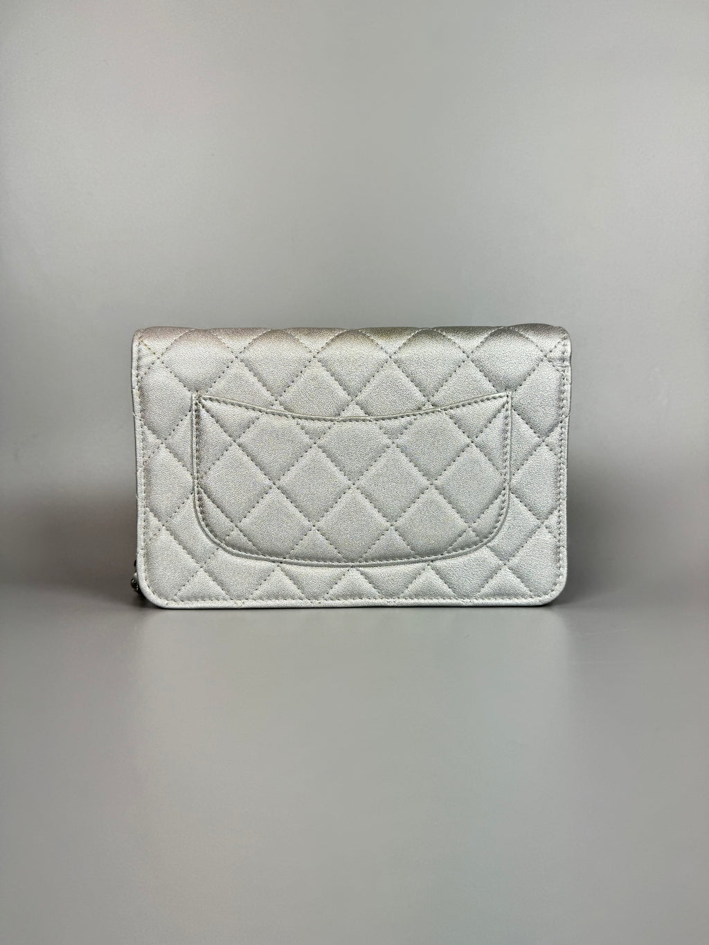 CHANEL Silver Quilted Caviar Wallet On Chain