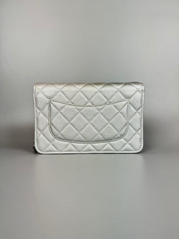 CHANEL Silver Quilted Caviar Wallet On Chain