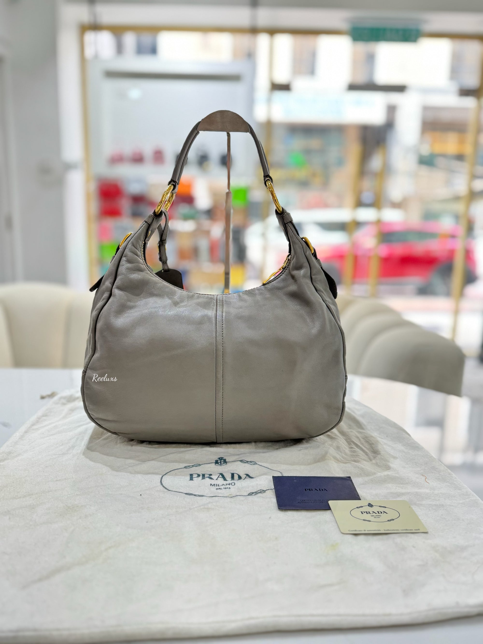 PRADA Gray Vitello Danio Hobo Bag