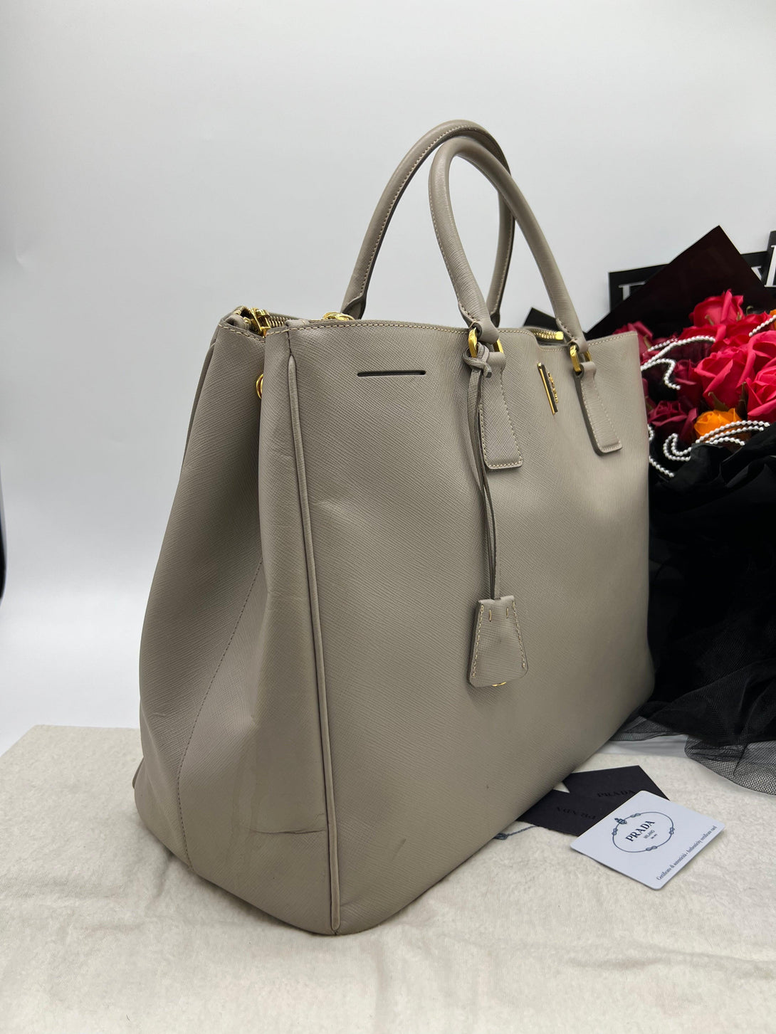 PRADA Beige Leather Executive Double Zip Tote - Reeluxs 